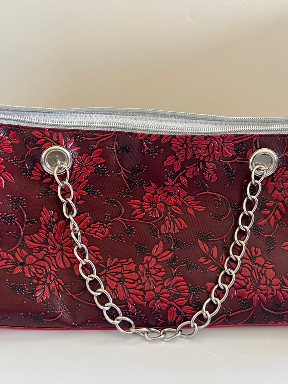 Iceware Red Floral Embossed Chain-Handle Clutch.